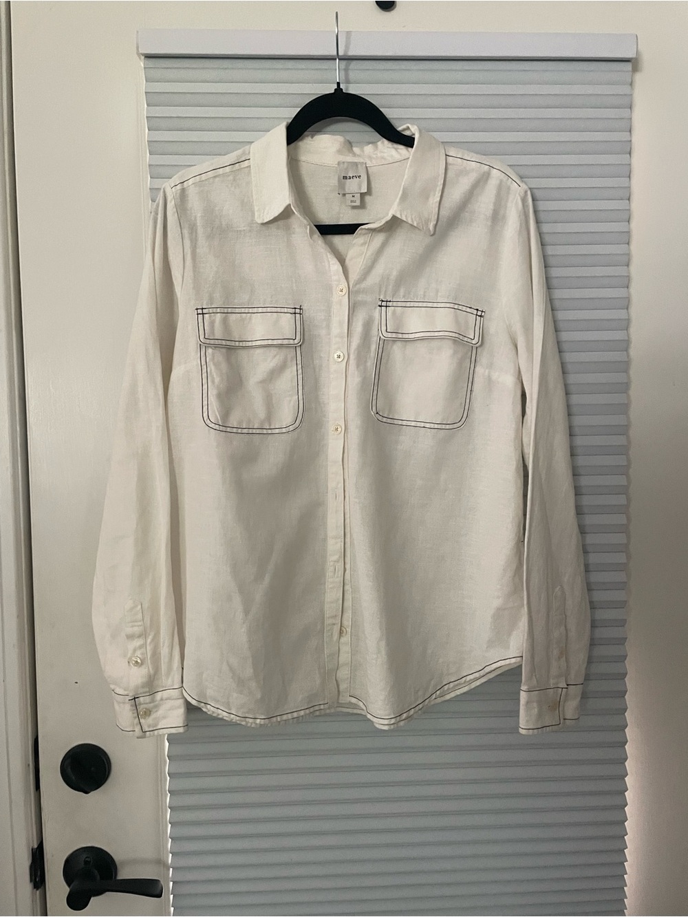 Maeve Linen cotton Classic White Button-Up Shirt with Chest Pockets M